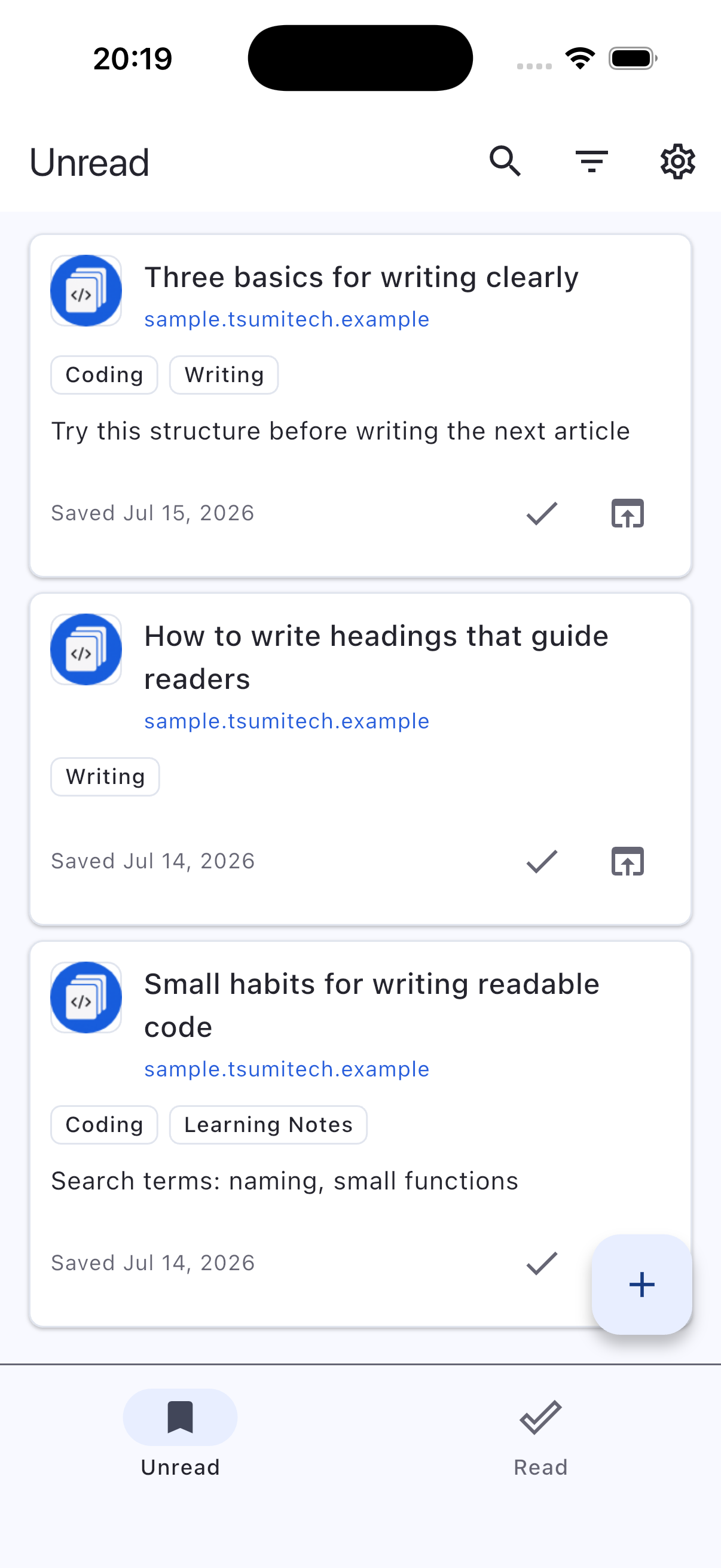 Tsumitec unread list showing saved tech articles with tags and notes