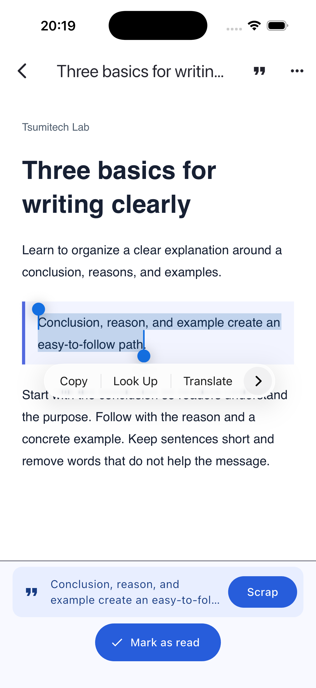 Tsumitec saving selected text from an article as a scrap